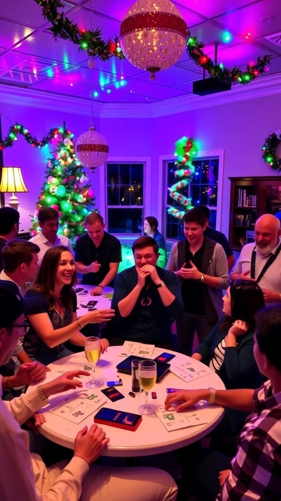 Guests at a Christmas party playing games, surrounded by festive decorations and a Christmas tree.